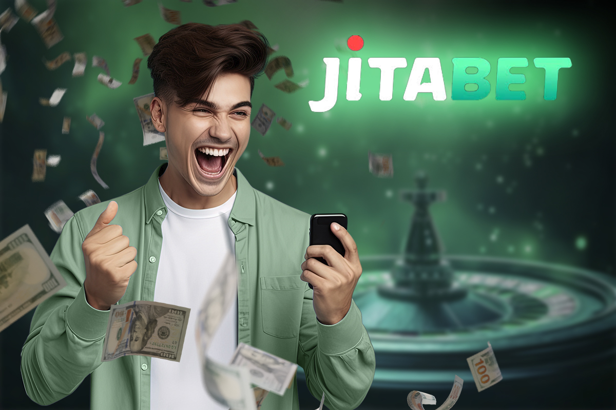 A vibrant casino scene featuring the Jita Bet logo, showcasing gaming tables and excited players in a lively atmosphere.